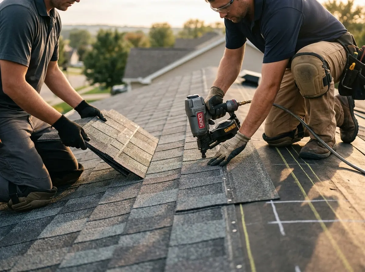 Professional roofer working on a residential roof in Osprey